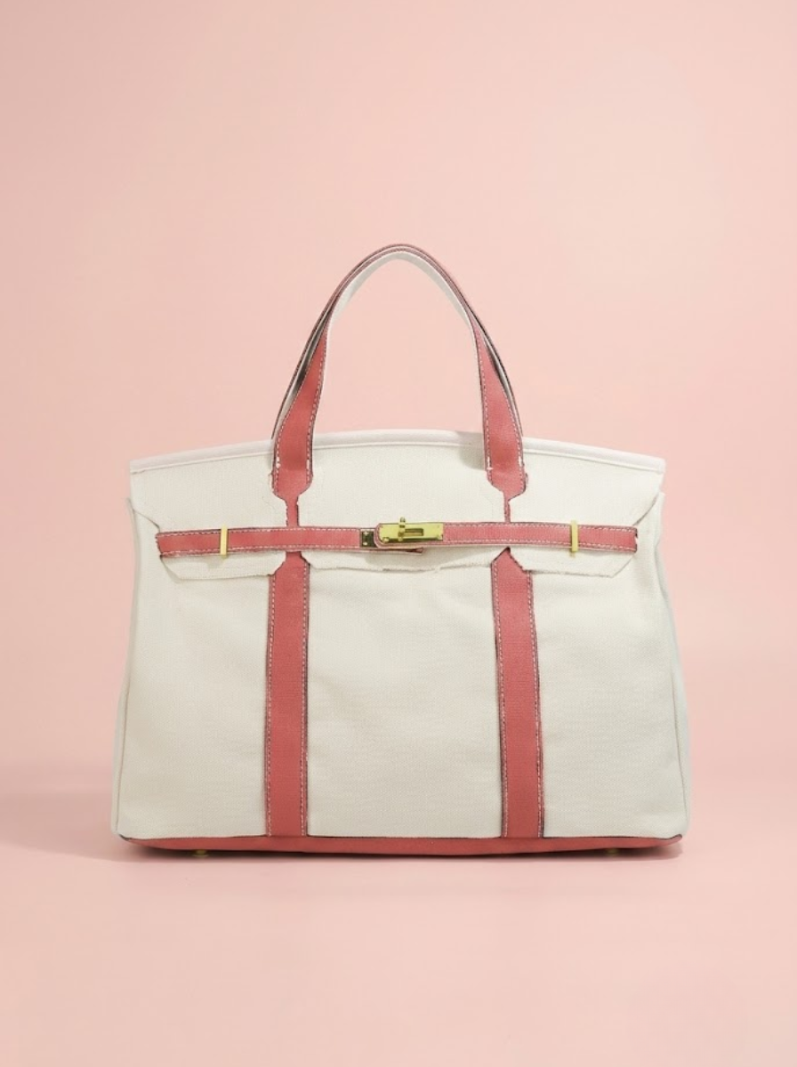 Canvas Weekender Boat Tote in Dusty Rose and Off-White