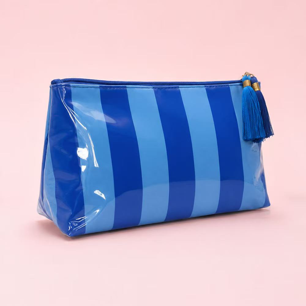 Glossy Jelly Stripe Makeup Pouch in Electric Blue