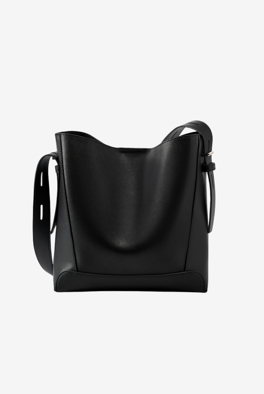 Leather Bucket Bag with Adjustable Strap in Black, front view