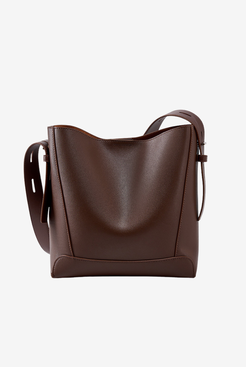 Leather Bucket Bag with Adjustable Strap in Chocolate Brown, front view
