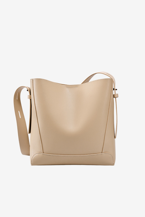Leather Bucket Bag with Adjustable Strap in Sand, front view