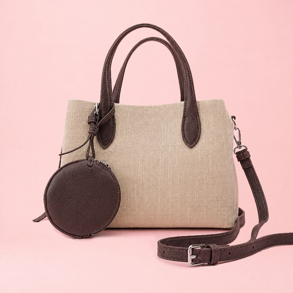 Natural linen tote bag with adjustable brown leather crossbody strap