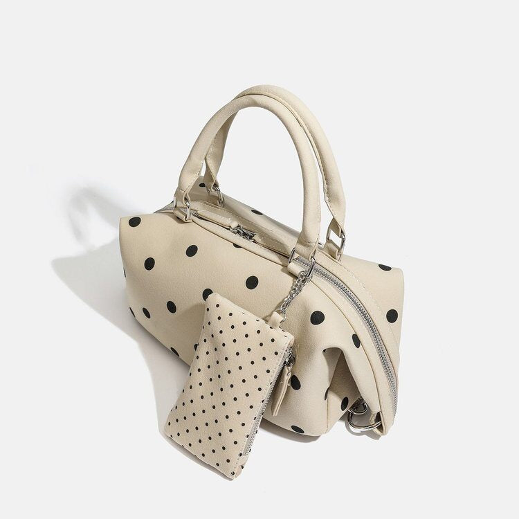 Beige Polka Dot Satchel Boston Bag with matching pouch