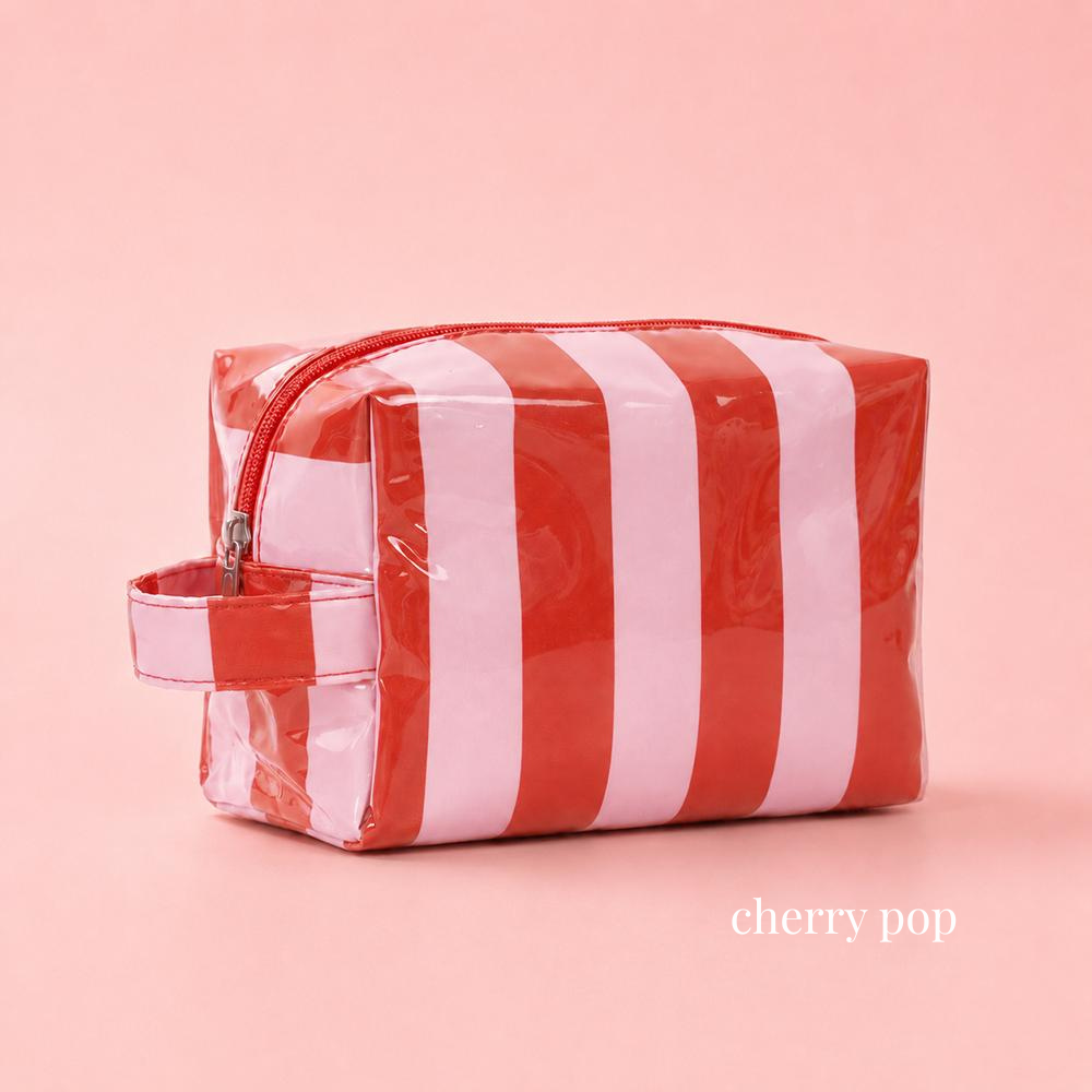 Retro Jelly Stripe Makeup Pouch in Cherry Pop
