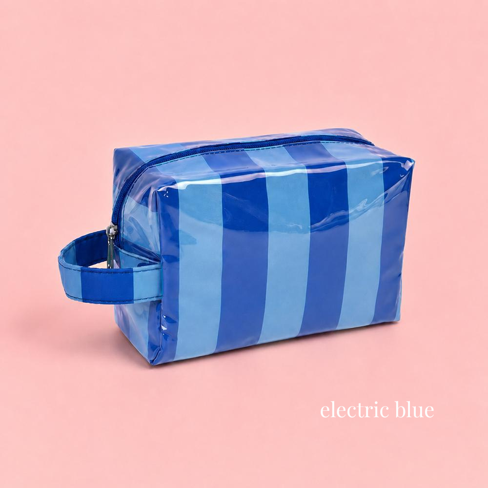 Retro Jelly Stripe Makeup Pouch in Electric Blue