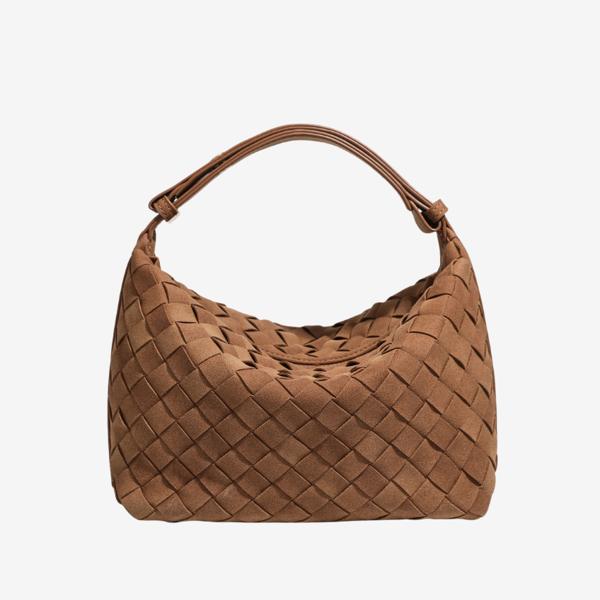Brown woven vegan suede hobo bag with knotted handle in Espresso