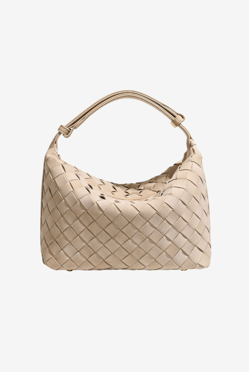Woven Vegan Suede Hobo Bag in Sand, front view