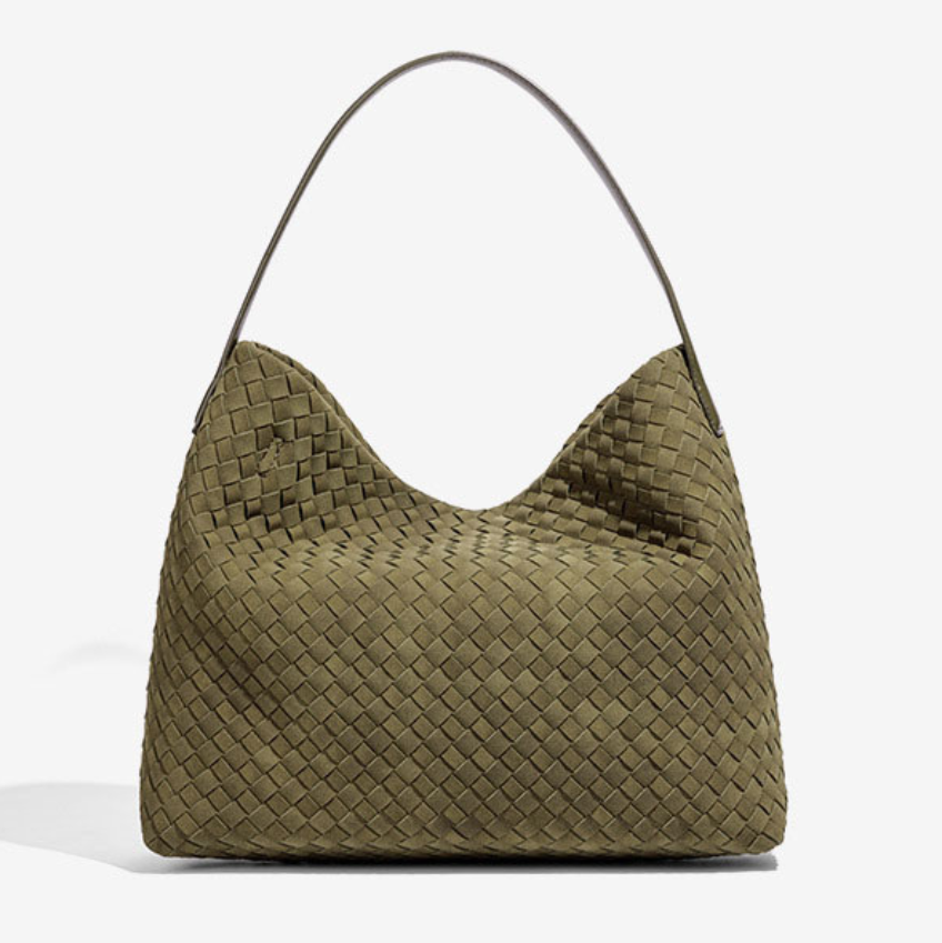 Olive green woven vegan suede hobo bag with detachable crossbody strap